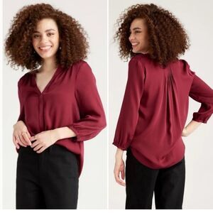 NEW Quince Stretch Silk Mulberry washable pleat back 3/4 sleeve Blouse Red XS